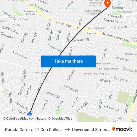 Parada Carrera 27 Con Calle 64 Megamas Lado Sur to Universidad Simon Bolivar Sede 1 map