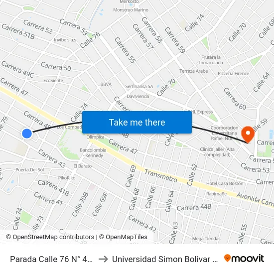 Parada Calle 76 N° 43b-05 to Universidad Simon Bolivar Sede 1 map