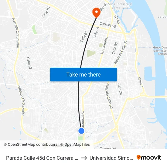 Parada Calle 45d Con Carrera 1 Conj. Res. Metrocentro to Universidad Simon Bolivar Sede 1 map