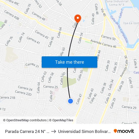 Parada Carrera 24 N° 48-03 to Universidad Simon Bolivar Sede 1 map