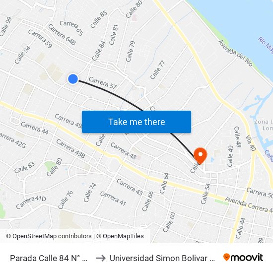 Parada Calle 84 N° 55-82 to Universidad Simon Bolivar Sede 1 map