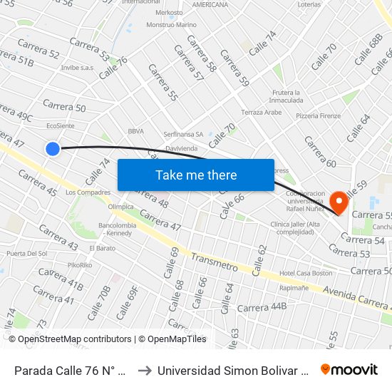 Parada Calle 76 N° 47-57 to Universidad Simon Bolivar Sede 1 map