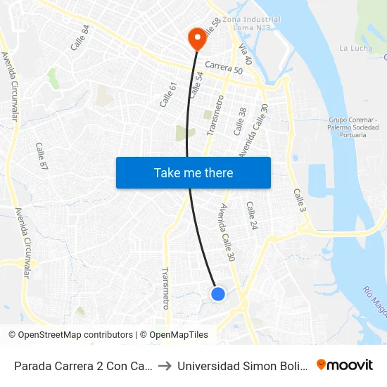Parada Carrera 2 Con Calle 34 Esq. to Universidad Simon Bolivar Sede 1 map