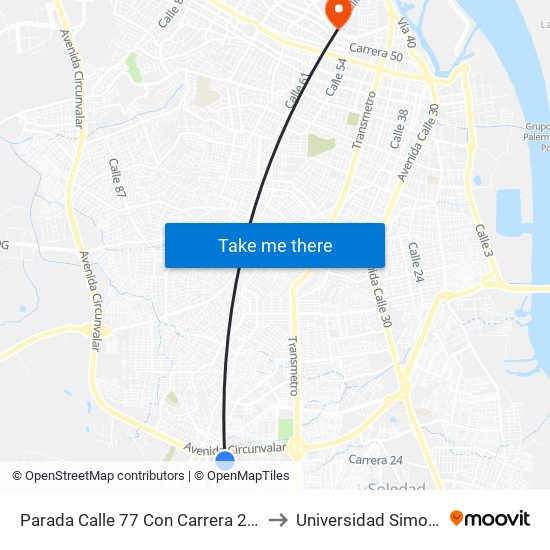 Parada Calle 77 Con Carrera 23d Lado Oriental Soledad to Universidad Simon Bolivar Sede 1 map