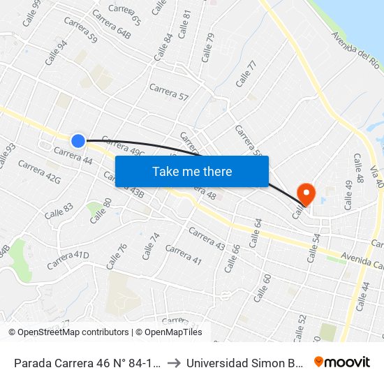 Parada Carrera 46 N° 84-126 Lado Norte to Universidad Simon Bolivar Sede 1 map