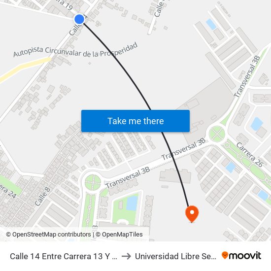 Calle 14 Entre Carrera 13 Y Carrera 20 to Universidad Libre Sede Norte map