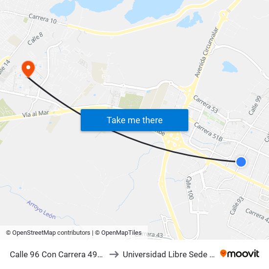 Calle 96 Con Carrera 49c Esq. to Universidad Libre Sede Norte map