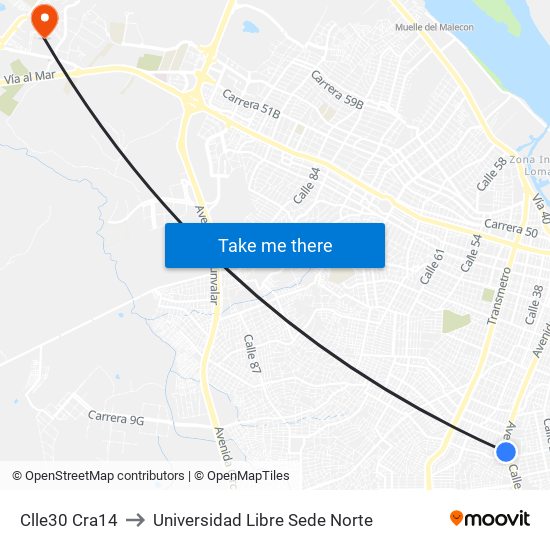 Clle30 Cra14 to Universidad Libre Sede Norte map
