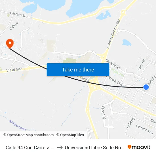 Calle 94 Con Carrera 52 to Universidad Libre Sede Norte map