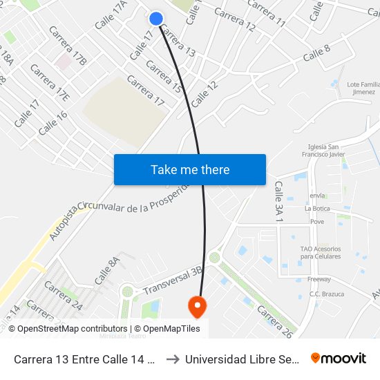 Carrera 13 Entre Calle 14 Y Calle 17 to Universidad Libre Sede Norte map