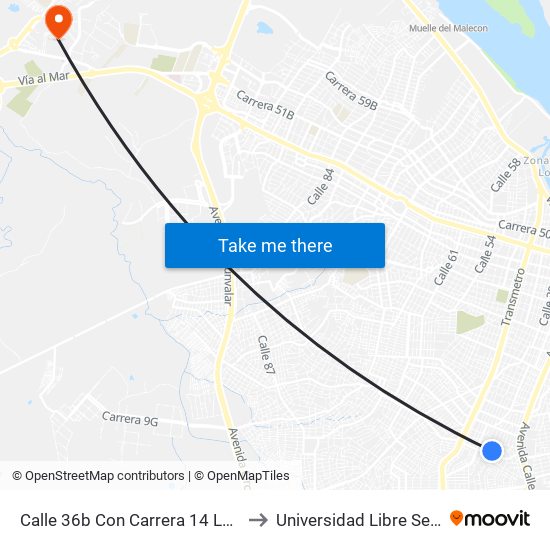 Calle 36b Con Carrera 14 Lado Oriental to Universidad Libre Sede Norte map