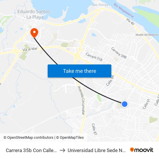 Carrera 35b Con Calle 71 to Universidad Libre Sede Norte map