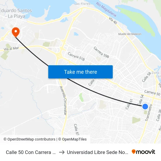 Calle 50 Con Carrera 41 to Universidad Libre Sede Norte map