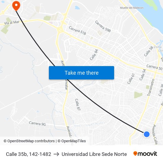 Calle 35b, 142-1482 to Universidad Libre Sede Norte map