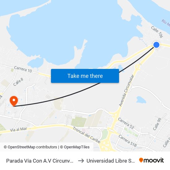 Parada Vía Con A.V Circunvalar Lado Sur to Universidad Libre Sede Norte map