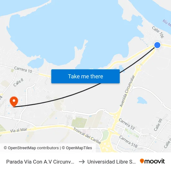 Parada Vía Con A.V Circunvalar Lado Sur to Universidad Libre Sede Norte map