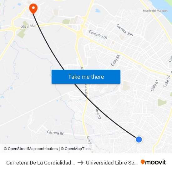 Carretera De La Cordialidad, 101-1075 to Universidad Libre Sede Norte map