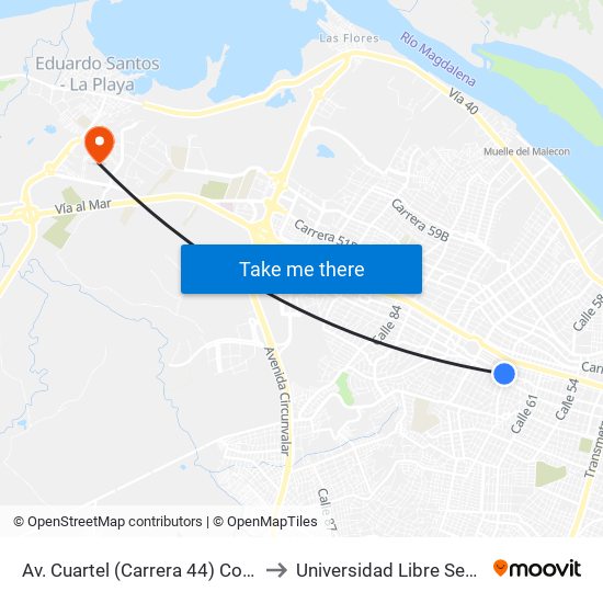 Av. Cuartel (Carrera 44) Con Calle 68 to Universidad Libre Sede Norte map