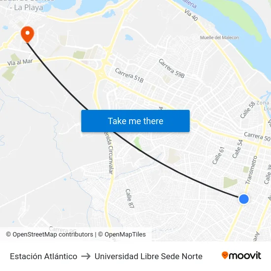 Estación Atlántico to Universidad Libre Sede Norte map