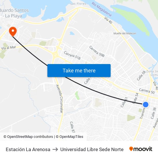 Estación La Arenosa to Universidad Libre Sede Norte map