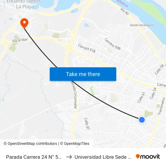 Parada Carrera 24 N° 53d-29 to Universidad Libre Sede Norte map