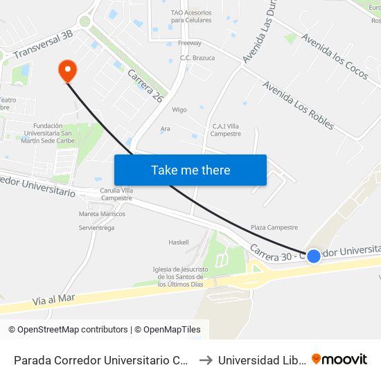 Parada Corredor Universitario Colegio Británico Lado Norte to Universidad Libre Sede Norte map
