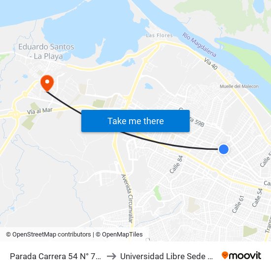 Parada Carrera 54 N° 75-56 to Universidad Libre Sede Norte map