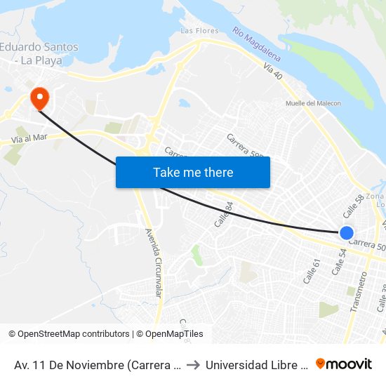 Av. 11 De Noviembre (Carrera 54) Con Calle 52 to Universidad Libre Sede Norte map