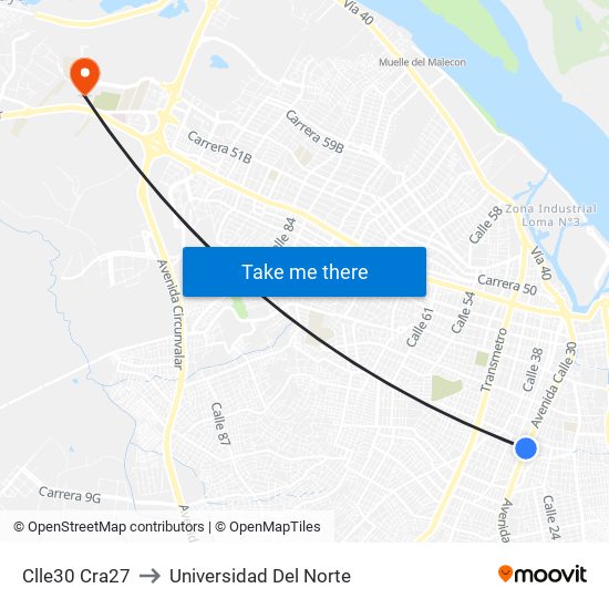 Clle30 Cra27 to Universidad Del Norte map