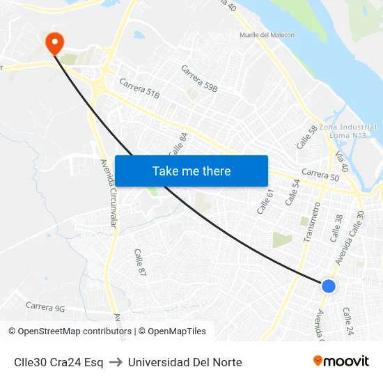 Clle30 Cra24 Esq to Universidad Del Norte map