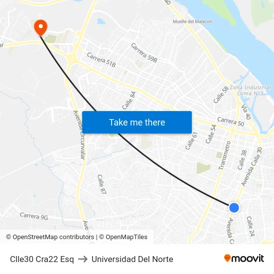 Clle30 Cra22 Esq to Universidad Del Norte map