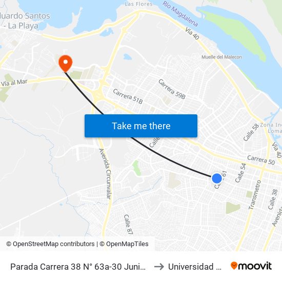 Parada Carrera 38 N° 63a-30 Junior Pan Lado Norte to Universidad Del Norte map