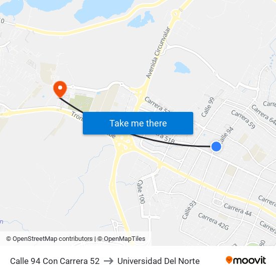 Calle 94 Con Carrera 52 to Universidad Del Norte map