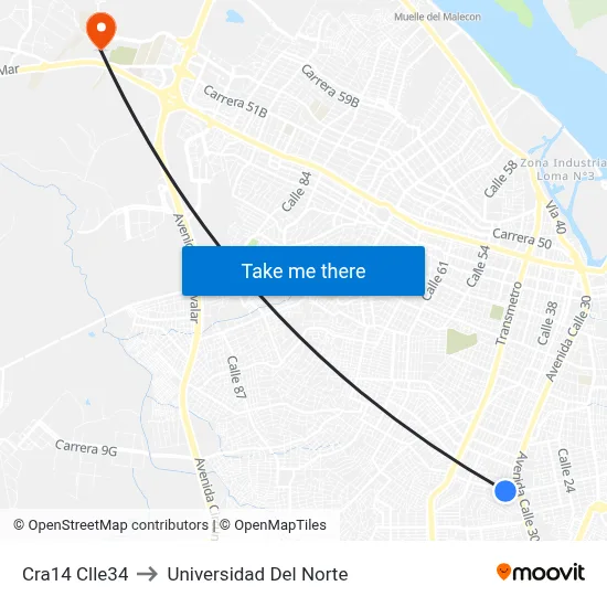Cra14 Clle34 to Universidad Del Norte map
