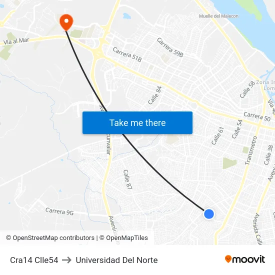 Cra14 Clle54 to Universidad Del Norte map
