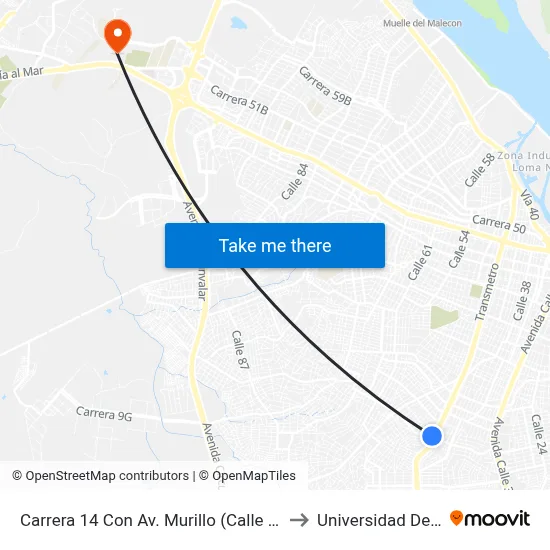 Carrera 14 Con Av. Murillo (Calle 45) Lado Sur to Universidad Del Norte map