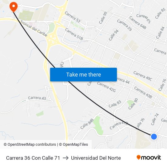 Carrera 36 Con Calle 71 to Universidad Del Norte map