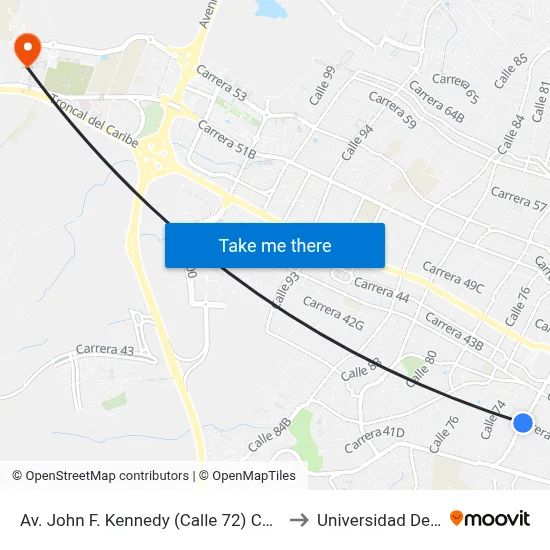 Av. John F. Kennedy (Calle 72) Con Carrera 41 to Universidad Del Norte map