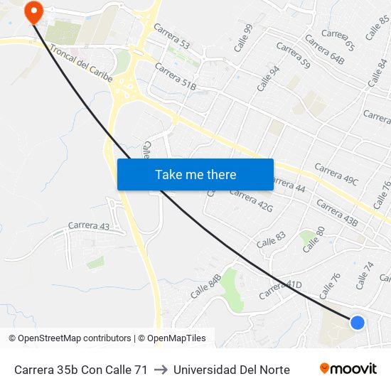 Carrera 35b Con Calle 71 to Universidad Del Norte map