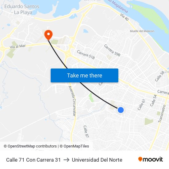 Calle 71 Con Carrera 31 to Universidad Del Norte map