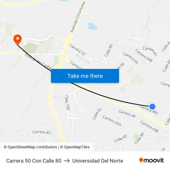 Carrera 50 Con Calle 80 to Universidad Del Norte map