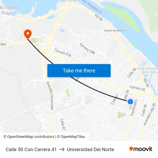 Calle 50 Con Carrera 41 to Universidad Del Norte map