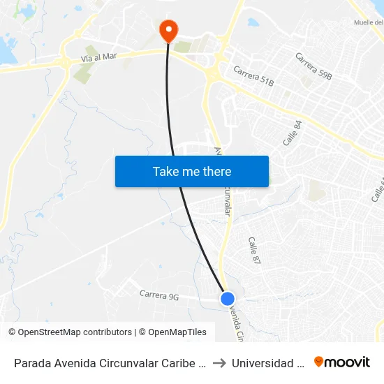 Parada Avenida Circunvalar Caribe Verde Lado Oriental to Universidad Del Norte map