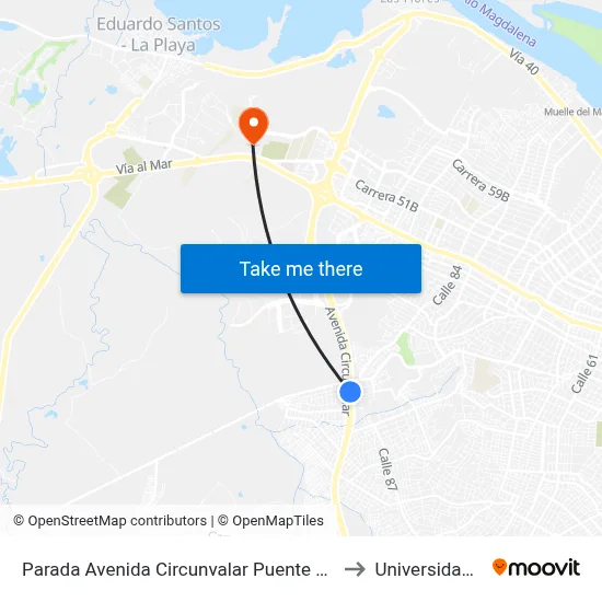 Parada Avenida Circunvalar Puente Carrera 38 Lado Occidental to Universidad Del Norte map
