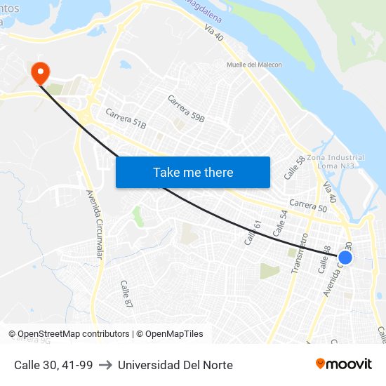 Calle 30, 41-99 to Universidad Del Norte map