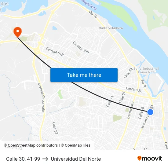 Calle 30, 41-99 to Universidad Del Norte map