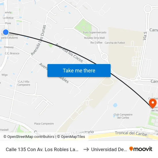 Calle 135 Con Av. Los Robles Lado Occidental to Universidad Del Norte map