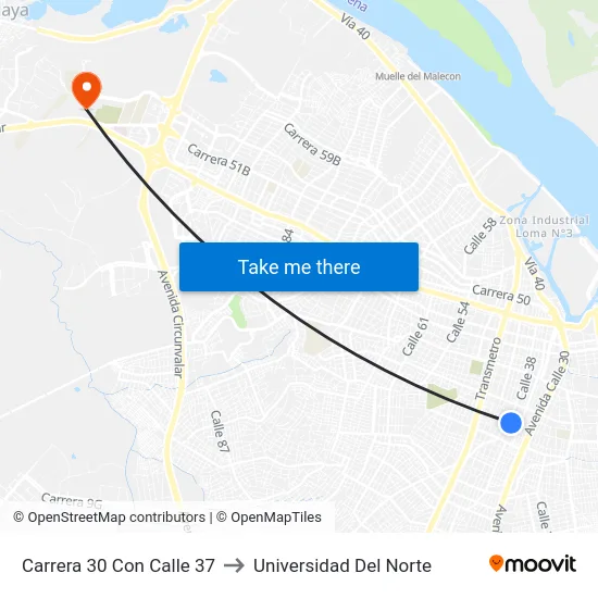 Carrera 30 Con Calle 37 to Universidad Del Norte map
