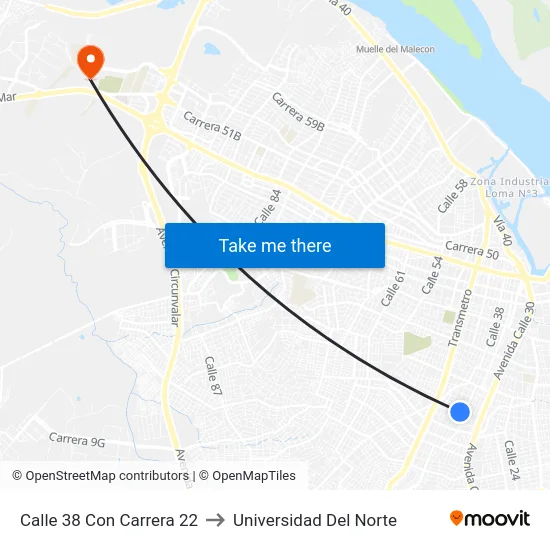 Calle 38 Con Carrera 22 to Universidad Del Norte map