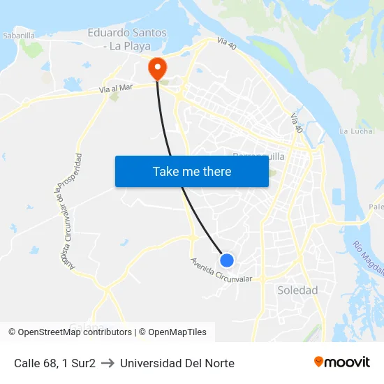 Calle 68, 1 Sur2 to Universidad Del Norte map